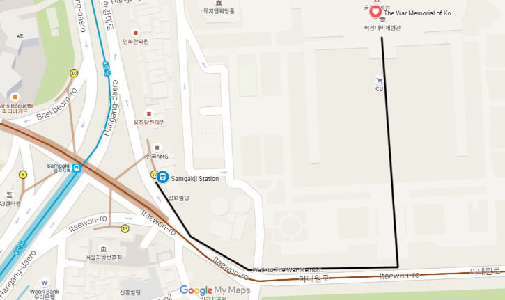 Samgakji Station to The War Memorial of Korea Guide Map