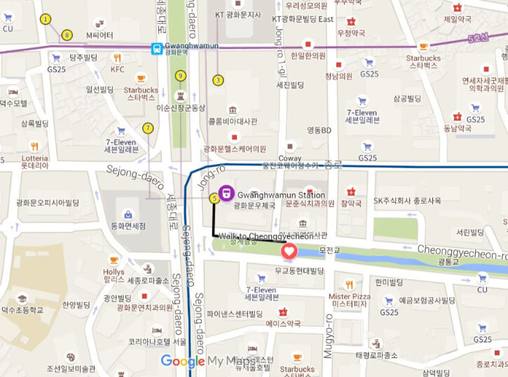 Gwanghwamun Station to Cheonggyecheon Stream Guide Map