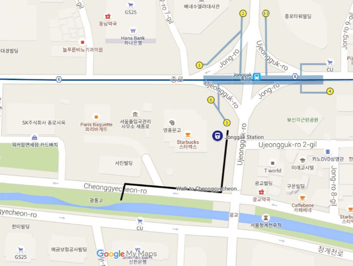 Jonggak Station to Cheonggyecheon Stream Guide Map