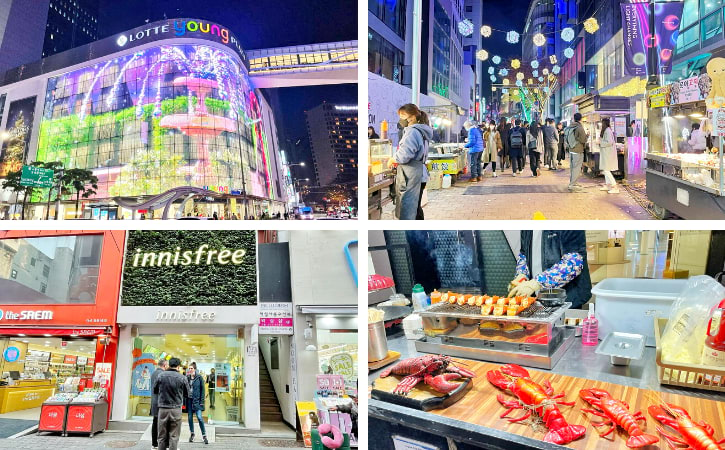 Shoppers explore Myeongdong Street, where the glow of neon signs and Seoul street food create a lively scene