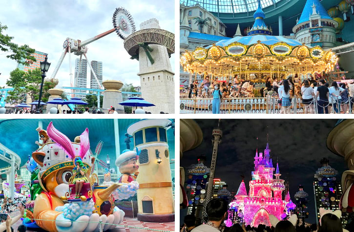 Lotte World adventure rides and parades, showcasing playful side