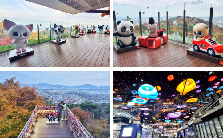 Adorable animal statues, including Linlin, lined up on Namsan Tower's deck with a city view