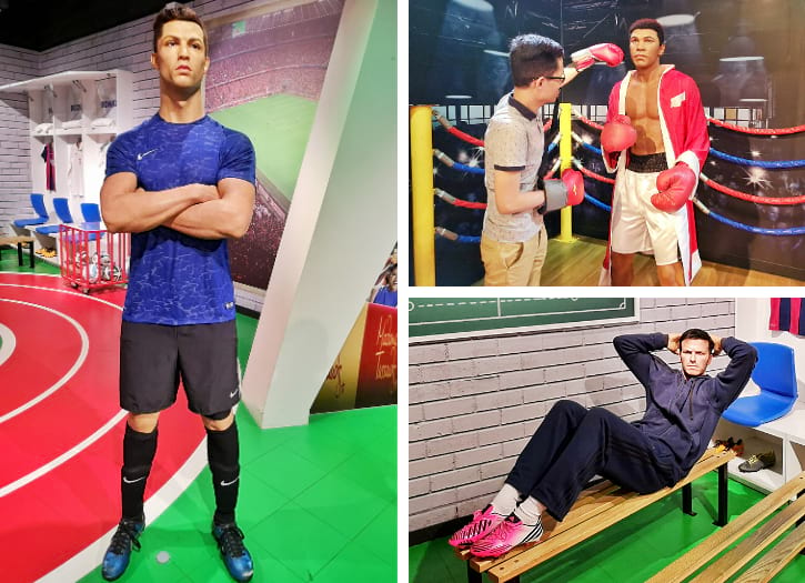 Cristiano Ronaldo, Muhammad Ali, and David Beckham Statues