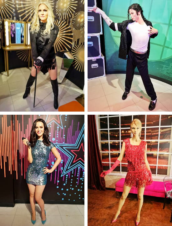 Madonna, Michael Jackson, Katy Perry, and Taylor Swift Statues