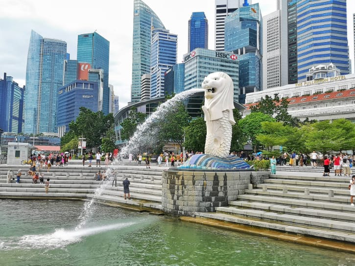 Daytime view of the iconic Merlion, symbolizing mythical origins