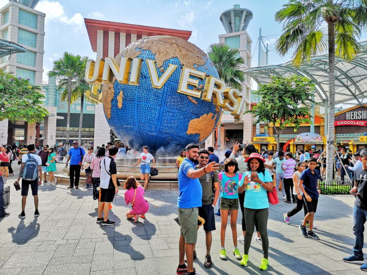 The iconic rotating Universal Studios Globe at the entrance of Universal Studios Singapore