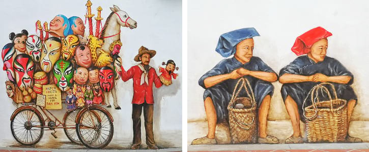 Two murals: one with a man selling colorful masks on a bike, and another of two elderly people with baskets