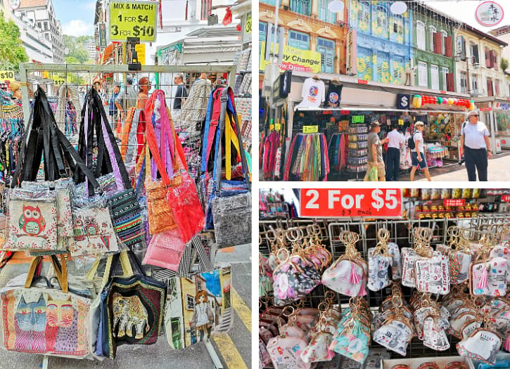 Colorful souvenir stalls in Chinatown with a variety of bags and accessories