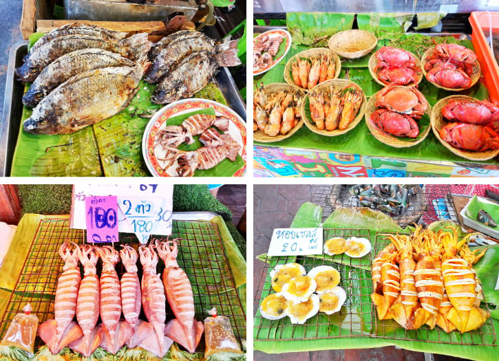 Grilled Fishes, Crabs and Squids in the Floating Market