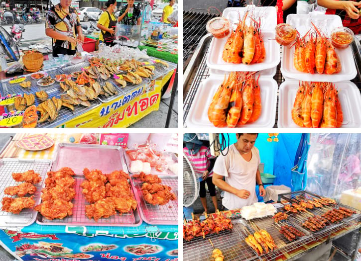 Grilled Hotdogs, Chicken Barbecue Skewers and Grilled Prawns