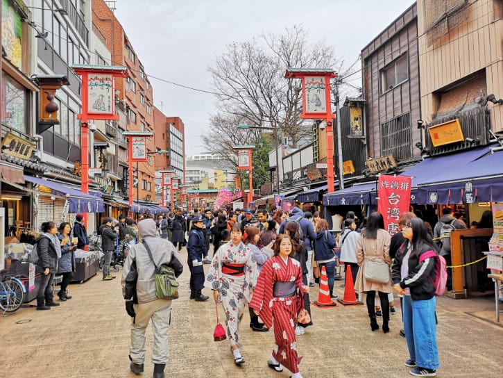 Charming Asakusa Denboin-Dori street, lined with traditional shops and lanterns