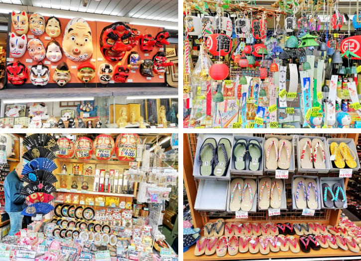 Colorful display of masks, lantern-shaped magnets, and good-luck ring bells at a Nakamise