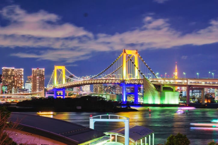 Breathtaking night view of the Rainbow Bridge, connecting Odaiba to Tokyo