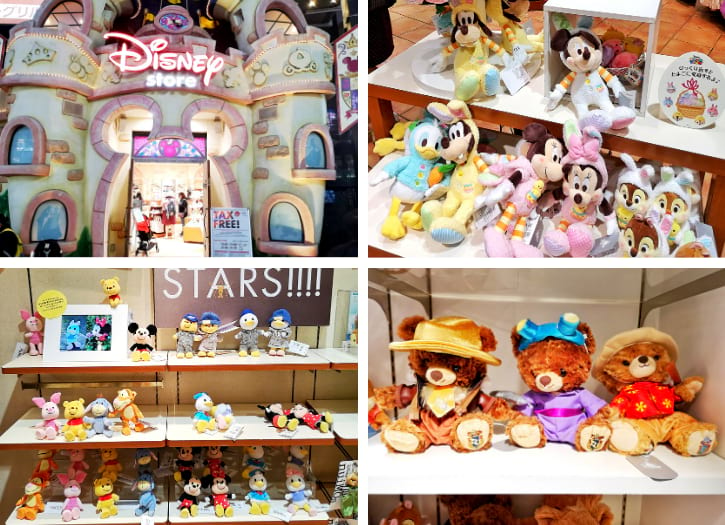 Vibrant Disney Store display featuring adorable stuffed toys of Donald Duck, Mickey Mouse, and Minnie Mouse