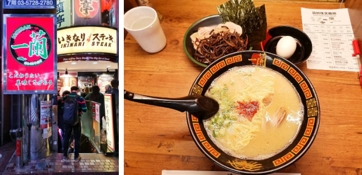 Ichiran in Shibuya, a popular ramen spot known for its unique solo dining booths and rich, flavorful broth