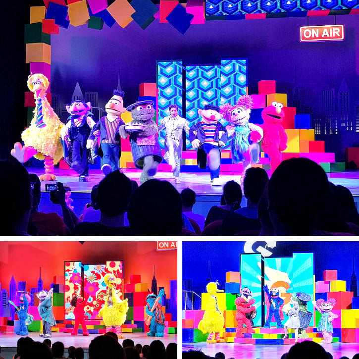 Montage of 'Elmo’s TV Time' shows with Sesame Street characters performing on stage, featuring Big Bird and Elmo