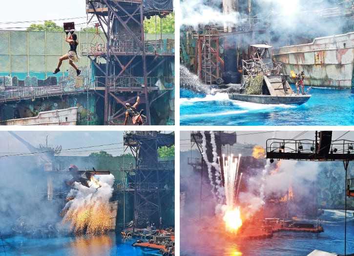 Dynamic montage of the show scenes with explosive pyrotechnics, daring high-falls, and intense boat chases on water