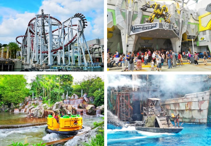 Thrilling attractions at USS, featuring Battlestar Galactica, Transformers The Ride, and the WaterWorld Show