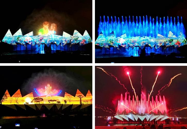 Nighttime Showcase of the Wings of Time Show in Singapore with Dynamic Laser Lights and Pyrotechnics