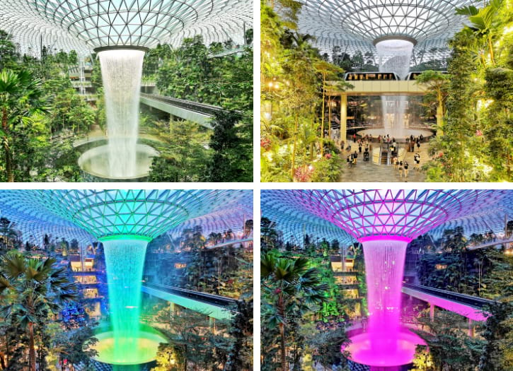 Majestic indoor waterfall cascading amidst lush greenery at Jewel Changi Airport