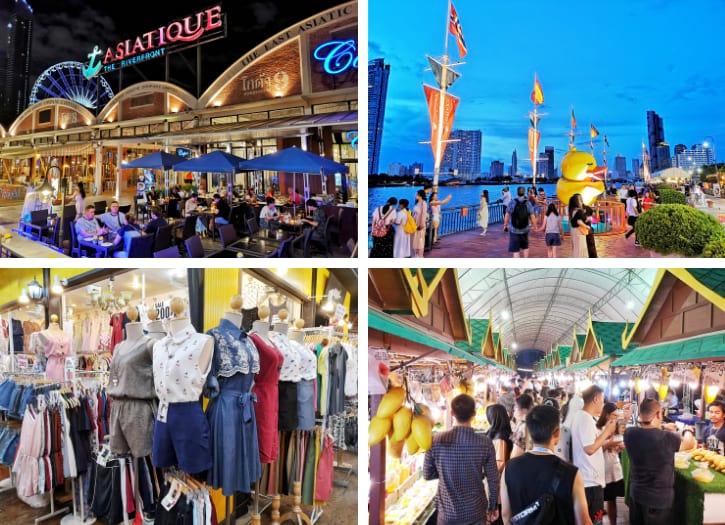 Vibrant evening scene at Asiatique The Riverfront in Bangkok, with bustling shops and a large Ferris wheel