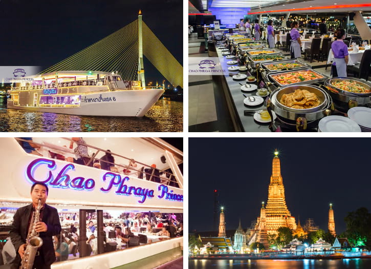 Luxurious Chao Phraya Princess Cruise at night, with illuminated Bangkok skyline in the background