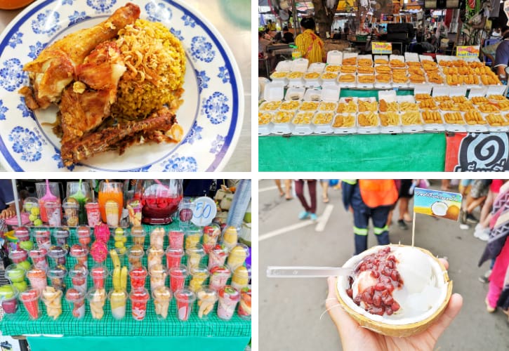 Stalls at Chatuchak Market serving crispy chicken rice and refreshing coconut ice cream