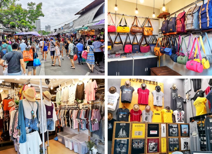 Wide view of the crowded lanes of Chatuchak Market in Bangkok, teeming with various vendors and goods