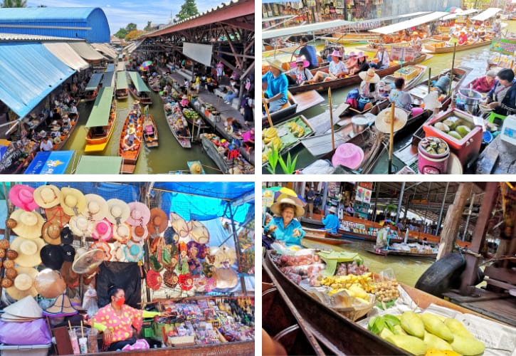 Vivid and bustling scene at Damnoen Saduak Floating Market with colorful boats and lively vendors