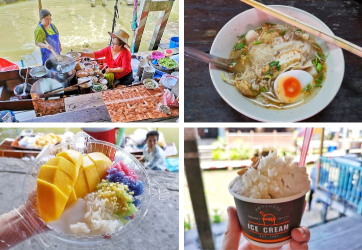 Traditional Thai boat noodle soup and sweet mango sticky rice served at Damnoen Saduak Floating Market