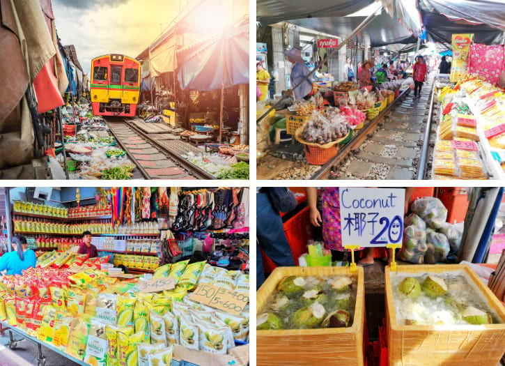 Unique Maeklong Railway Market with vendors and colorful stalls along the train tracks