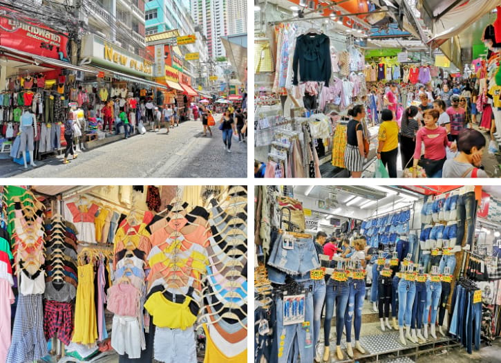 Busy, colorful stalls at Pratunam Market Bangkok, offering a variety of clothes and accessories