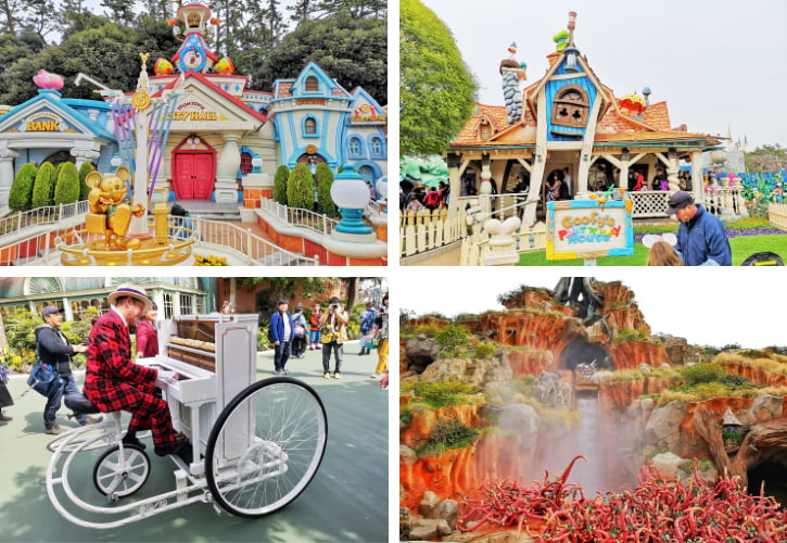 Tokyo Disneyland's colorful Toontown, piano bike entertainer, and Splash Mountain