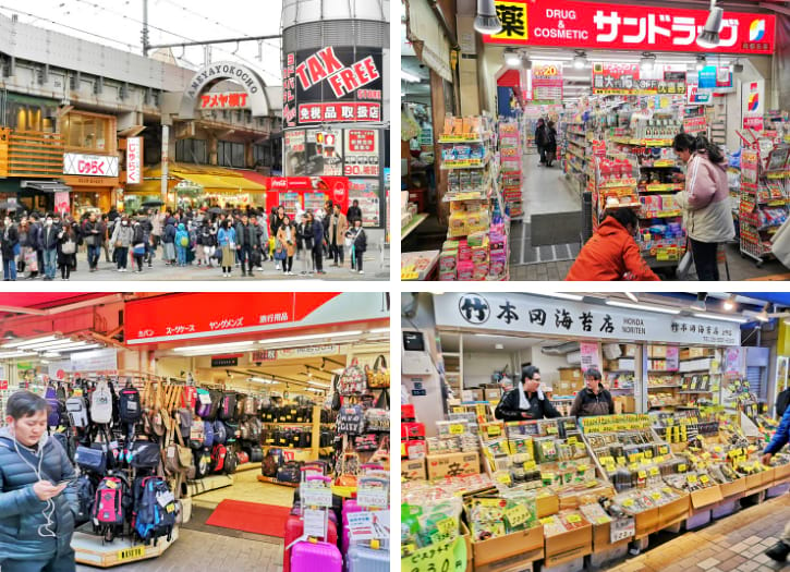 Shoppers at Ameya Yokocho market with various stalls and stores