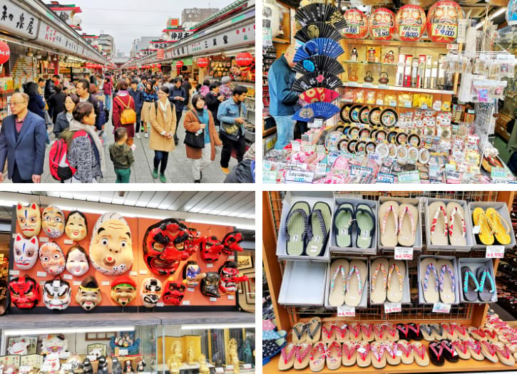 Crowded Nakamise Shopping Street with traditional fans, masks, and footwear