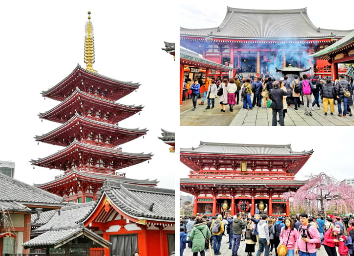 Visitors at Sensoji Temple, Tokyo, with its red pagoda and gates