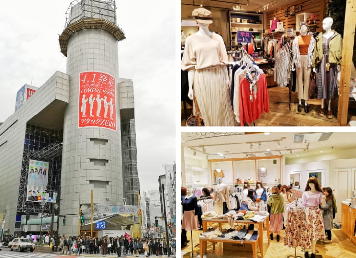 Exterior of Shibuya 109 and inside fashion boutiques with shoppers