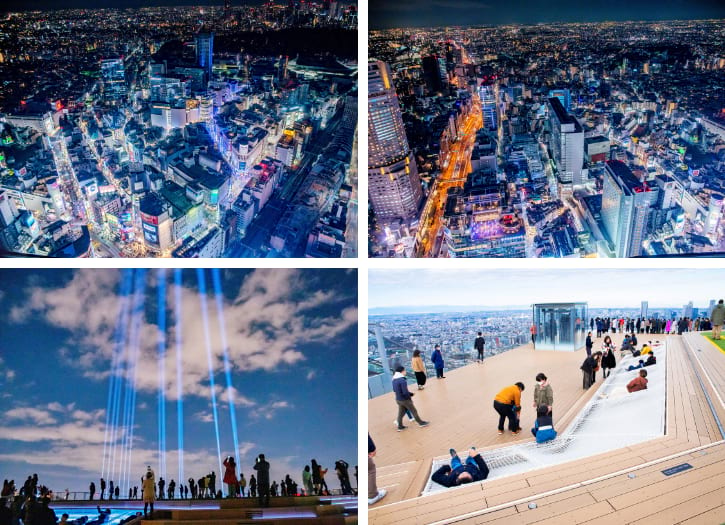 Shibuya Sky observation deck views and visitors enjoying the Tokyo skyline