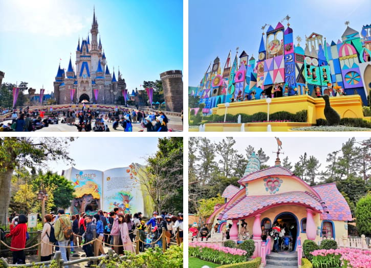 Tokyo Disneyland's iconic castle and vibrant attractions with visitors