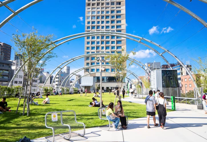 Revitalized Miyashita Park in Shibuya, offering a green oasis with sports facilities and leisure spots