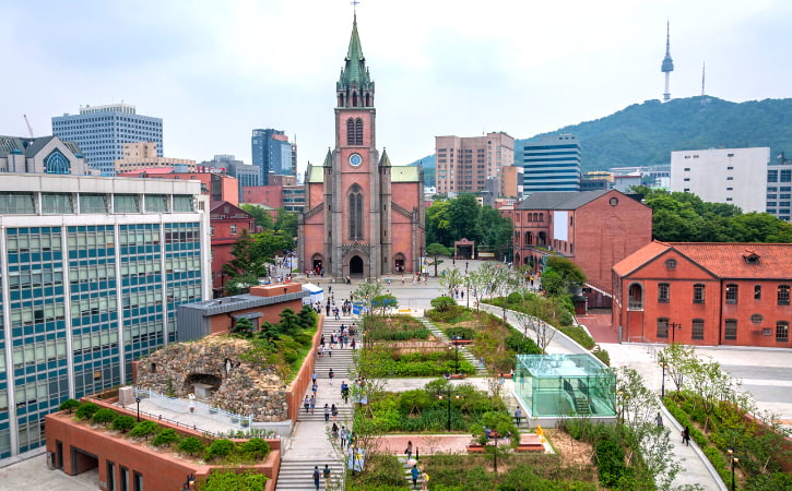 Historic Myeongdong Cathedral, a striking Gothic-style architecture in the heart of Seoul