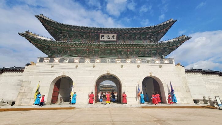 Grand entrance to Seoul's Gyeongbokgung Palace, showcasing traditional Korean architecture