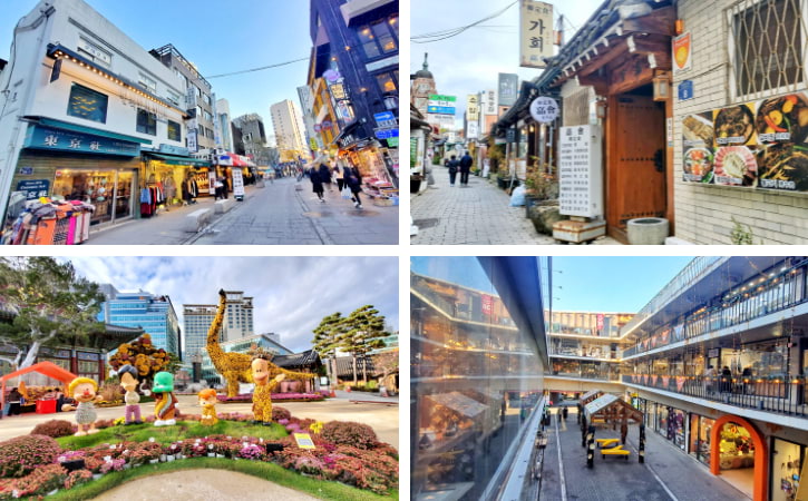 A view of Insadong street and its alleys, along with Jogyesa Buddhist Temple and Ssamziegil Shopping Complex