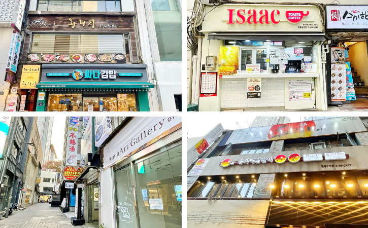 Popular Seoul dining spots: Wangbijib, Isaac Toast & Coffee, Baekje Samgyetang, and Yoogane