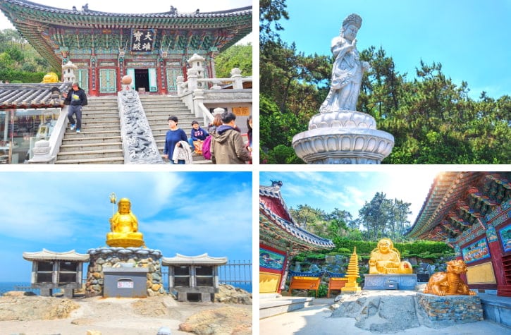 Daeungjeon Main Hall, Seawater Great Goddess Buddha, Golden Jijang Bosal Statue and Golden Fat Buddha Statue