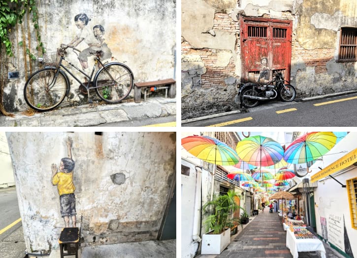 Kids on Bicycle, Boy on Motorbike, Boy on Chair Murals and Colorful Umbrellas