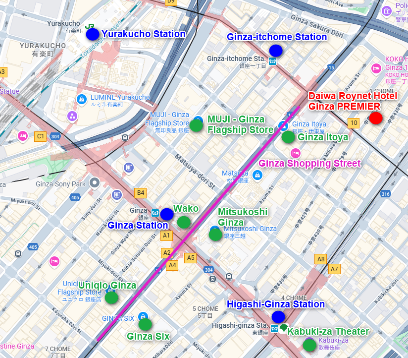 Map of Ginza with Daiwa Roynet Hotel Ginza PREMIER and nearby attractions