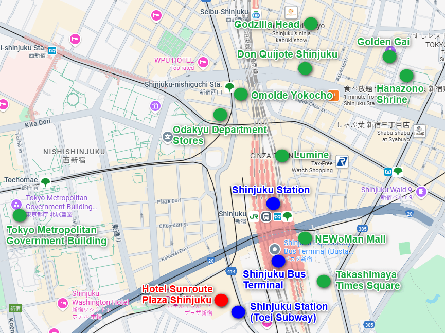 Map of Shinjuku with Hotel Sunroute Plaza and nearby attractions