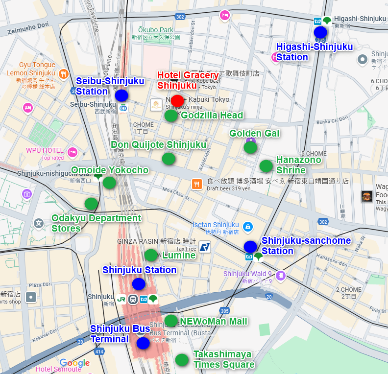 Map of Shinjuku with Hotel Gracery Shinjuku and nearby attractions