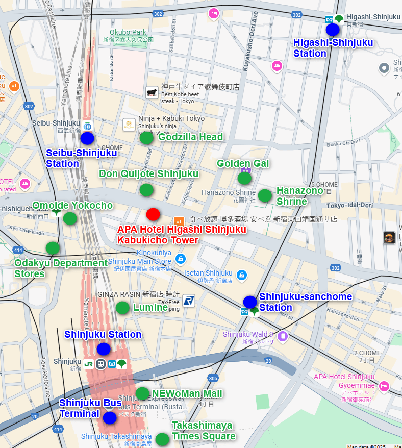 Map of Shinjuku with APA Hotel Higashi Shinjuku Kabukicho Tower and nearby attractions